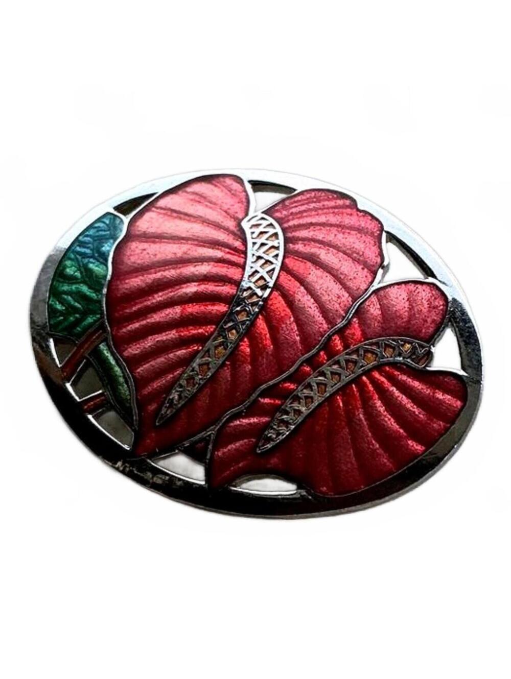 Gorgeous Vintage 1970's Cloisonné Enamel Tropical Anthurium Plant Brooch